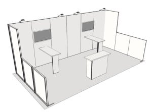 Panoramic 10' x 20' display rental with front with counter and display racks (1)